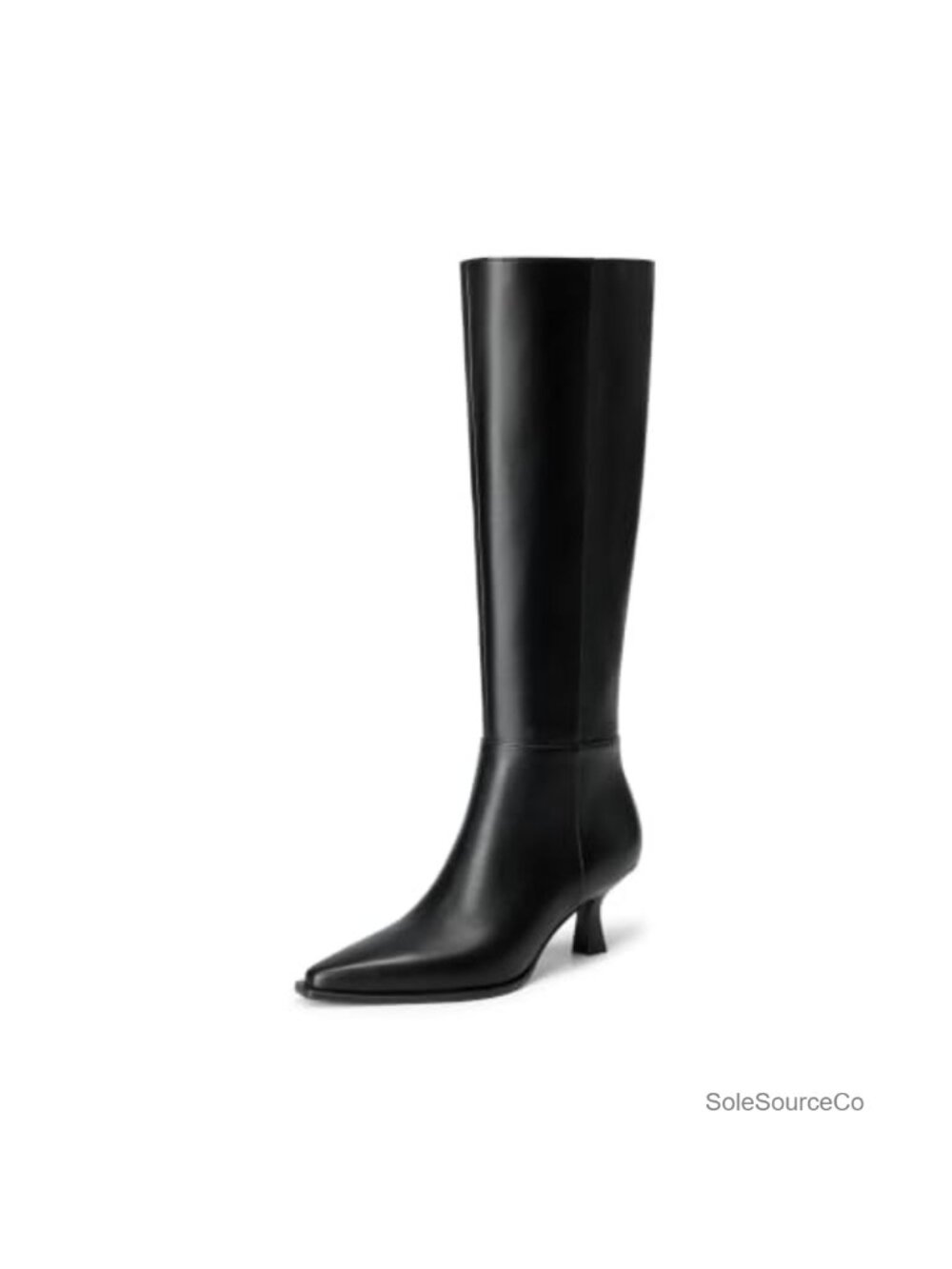 Kitten Heel Knee High Boots Pointy Toe Faux Leather Zip Up